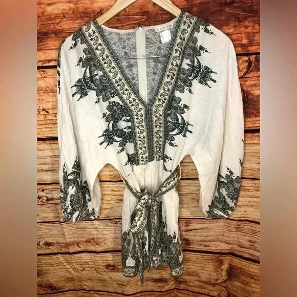 NWOT Venus White Multi Paisley Linen Blend Blouson Slv Romper - Picture 7 of 16
